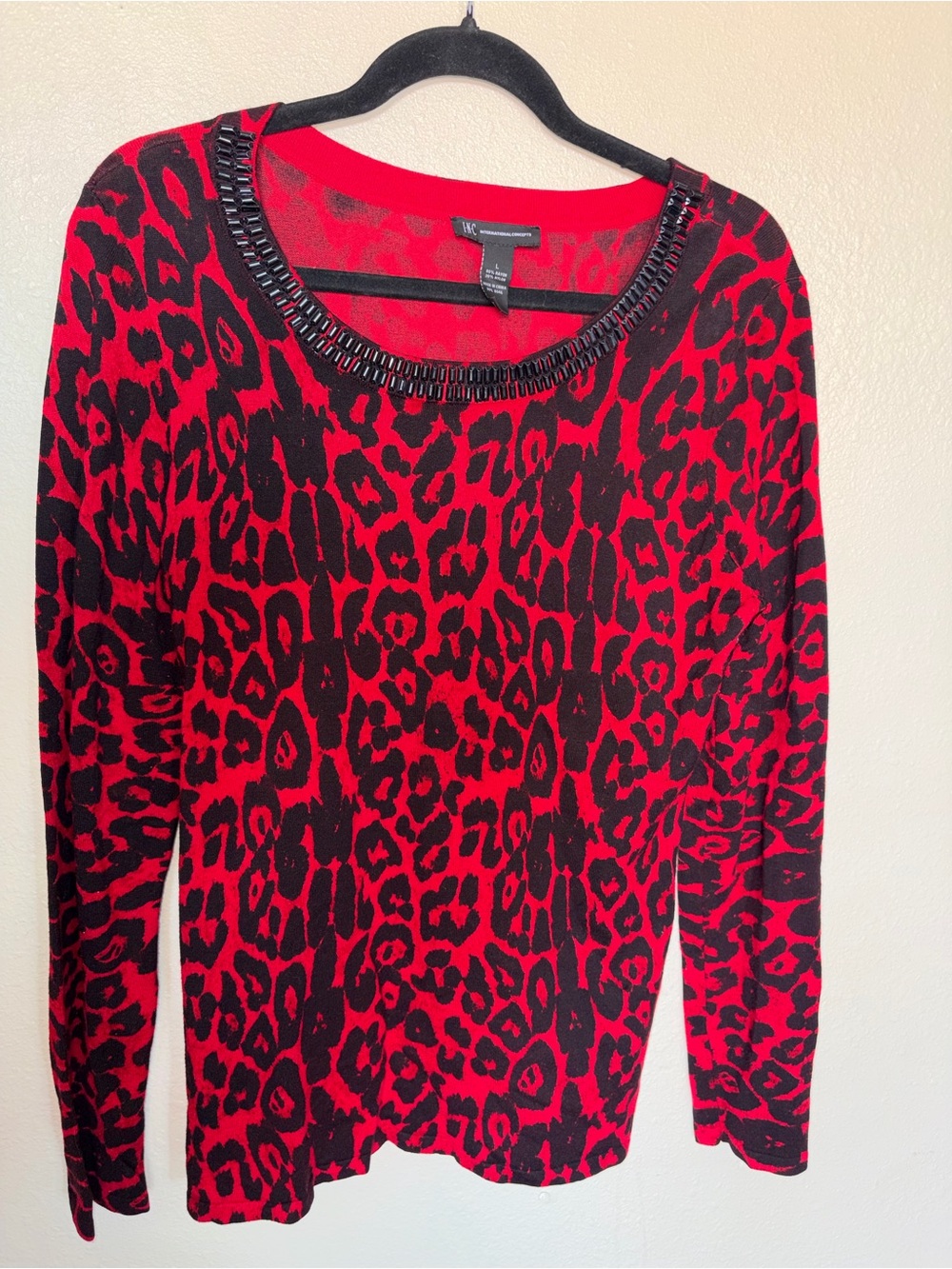 INC International Concepts Red and Black Leopard Print Sweater with Beaded Neck